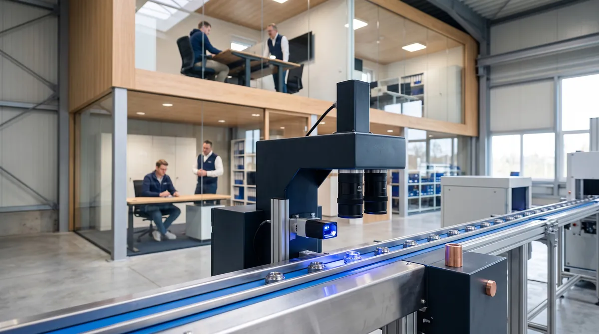 A bright production hall of a mid-sized manufacturer with a camera inspection station and an office gallery