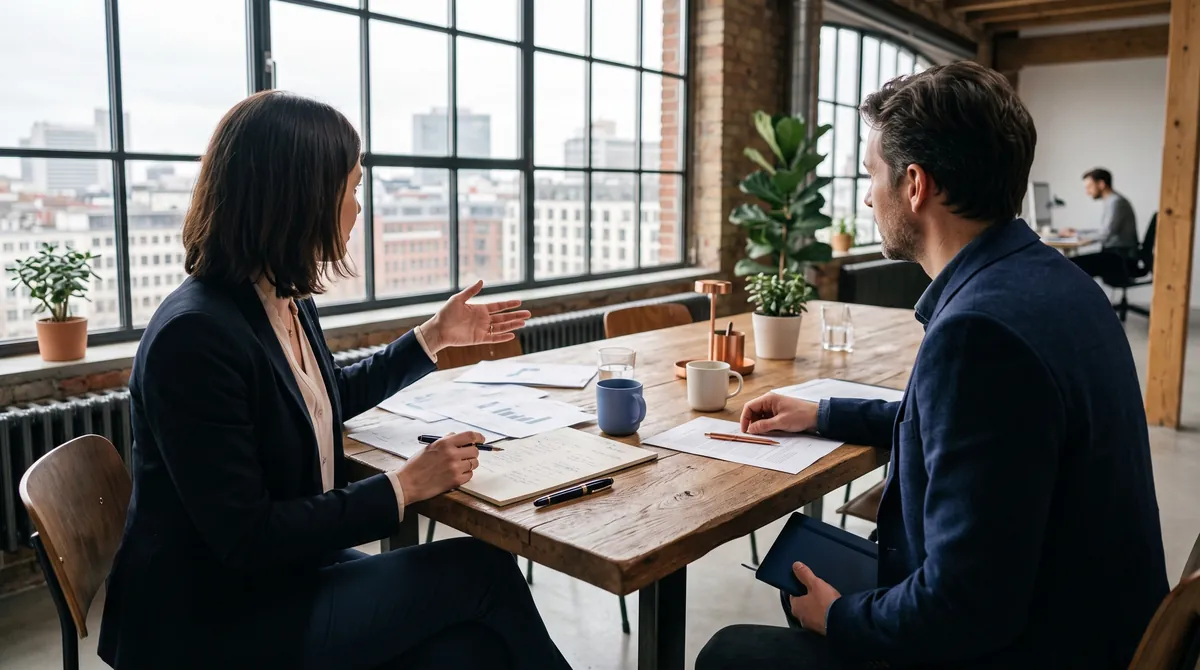 Two business people in conversation at a meeting table, seen from behind and the side