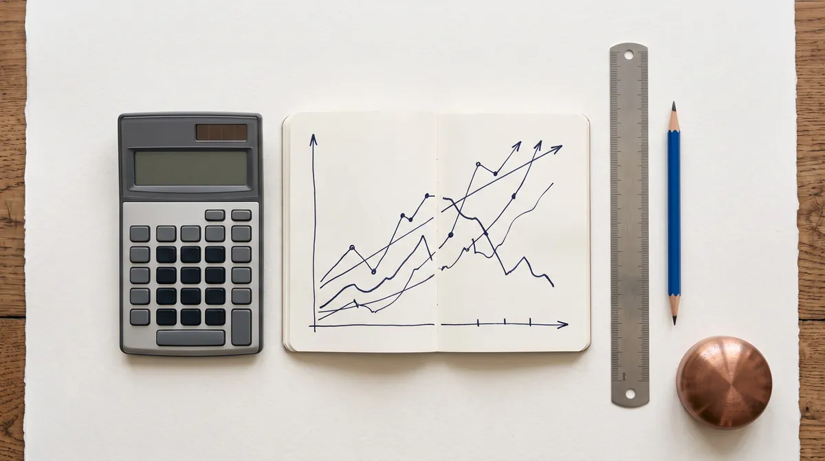 A calculator, a notebook with hand-drawn curves and a ruler on light paper