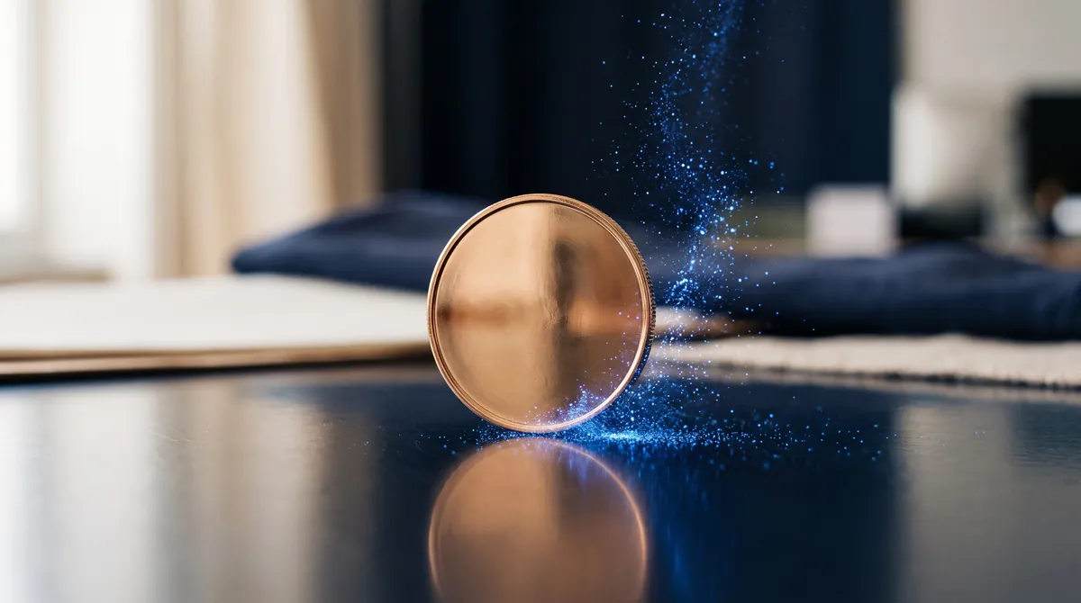 A shiny coin without an imprint dissolving into fine digital light