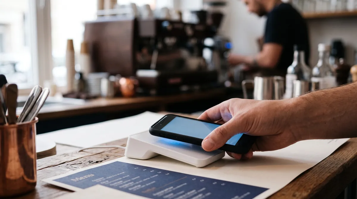 A contactless payment with a smartphone at a slim card terminal in a café