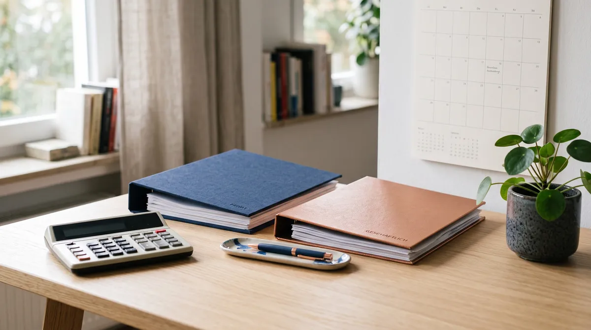 A desk with two separate folders, a calculator and a calendar