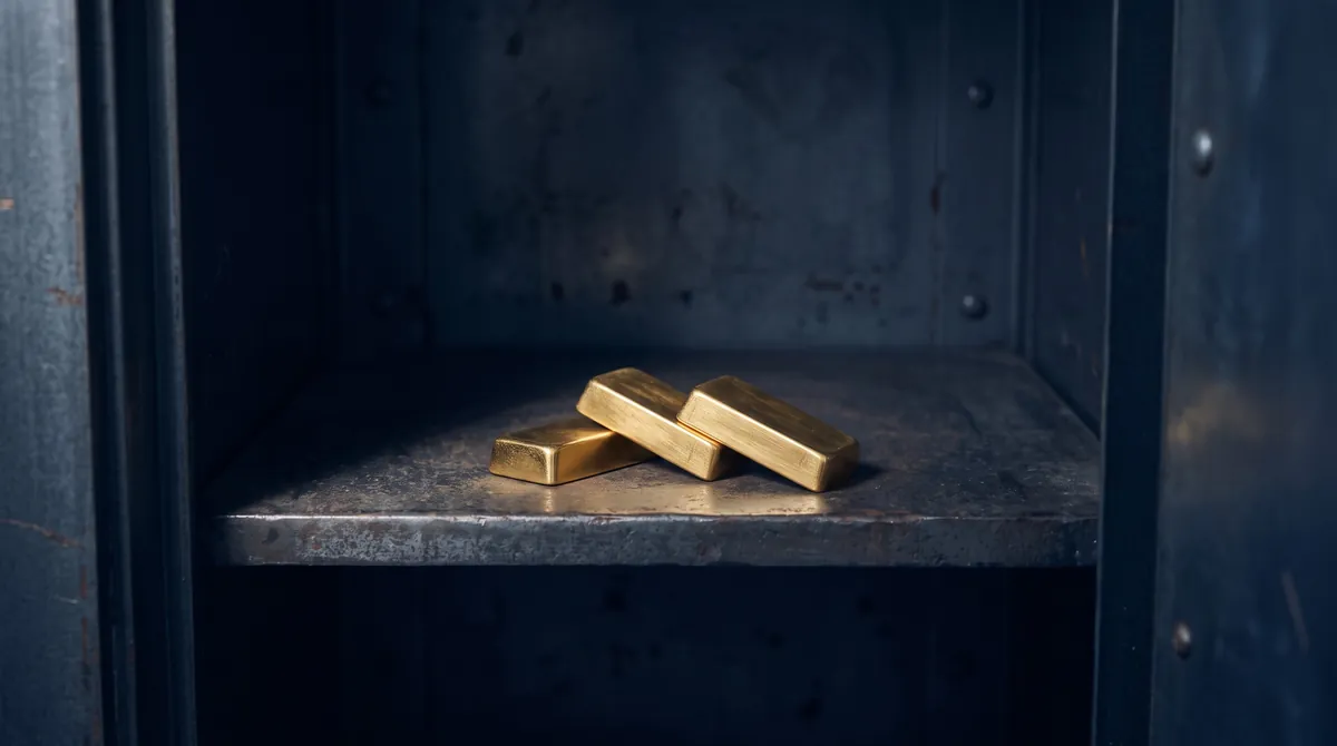 A few gold bars in a vault compartment, caught by a beam of light
