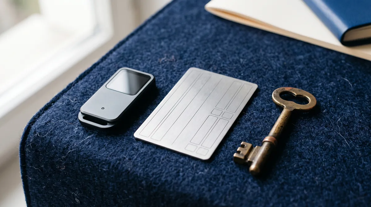 A small hardware device next to a card with empty word fields and a brass key