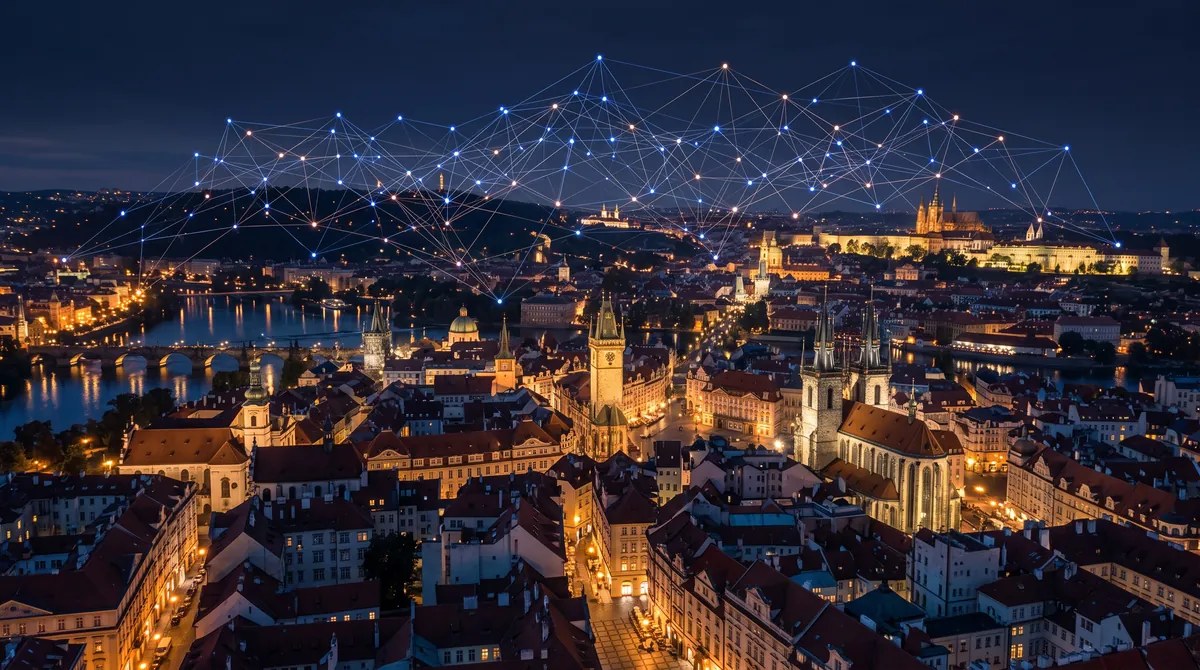 A web of points of light above a city at night as a symbol of a decentralised network