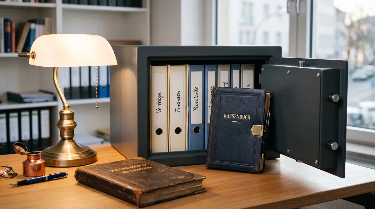 A small open office safe with neatly stacked folders and a cash book