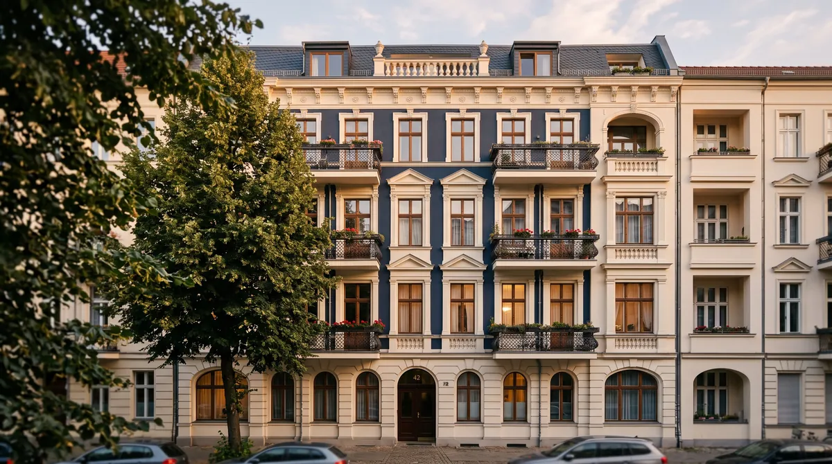 A renovated period building facade with tall windows and balconies in the evening light