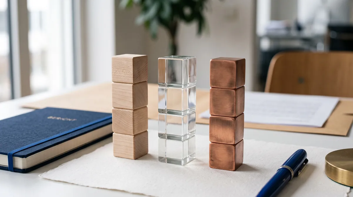 Three stacks of wood, glass and metal as the building blocks of a portfolio