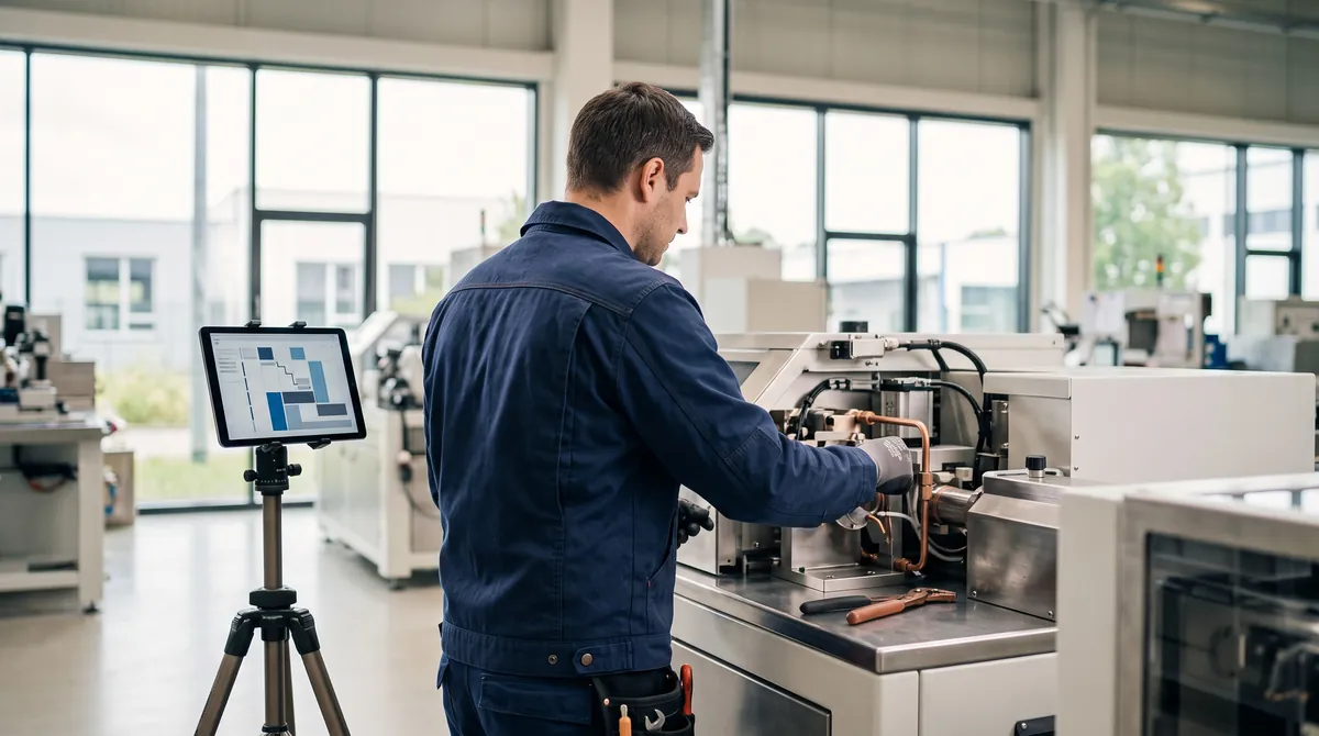 A service technician maintaining an industrial machine, a tablet with a maintenance plan beside it