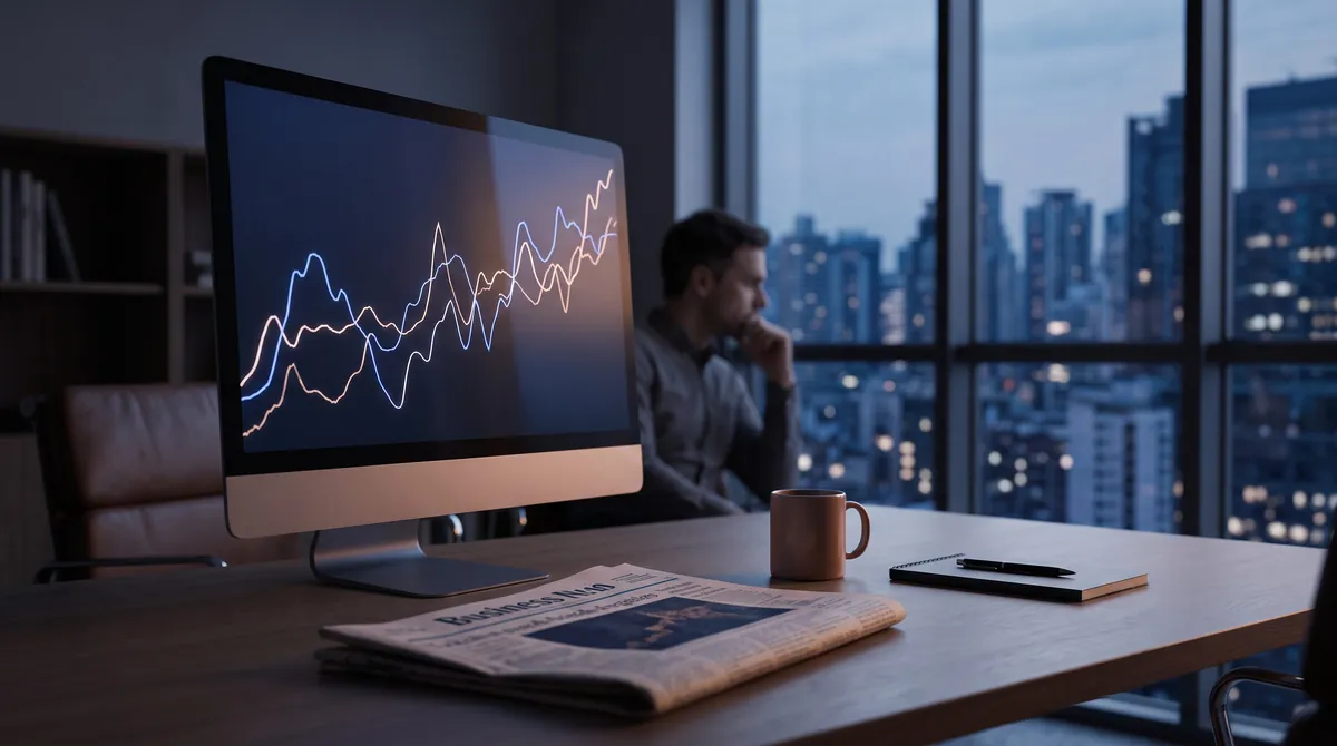 A screen with an abstract price line in a dark office, a newspaper beside it