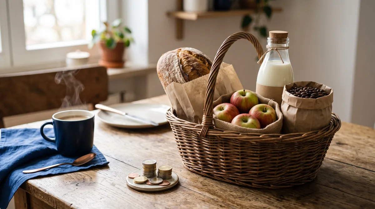 A shopping basket with groceries next to a small stack of euro coins