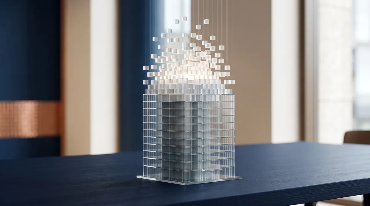 An office building as a fine glass model dissolving into glowing cubes