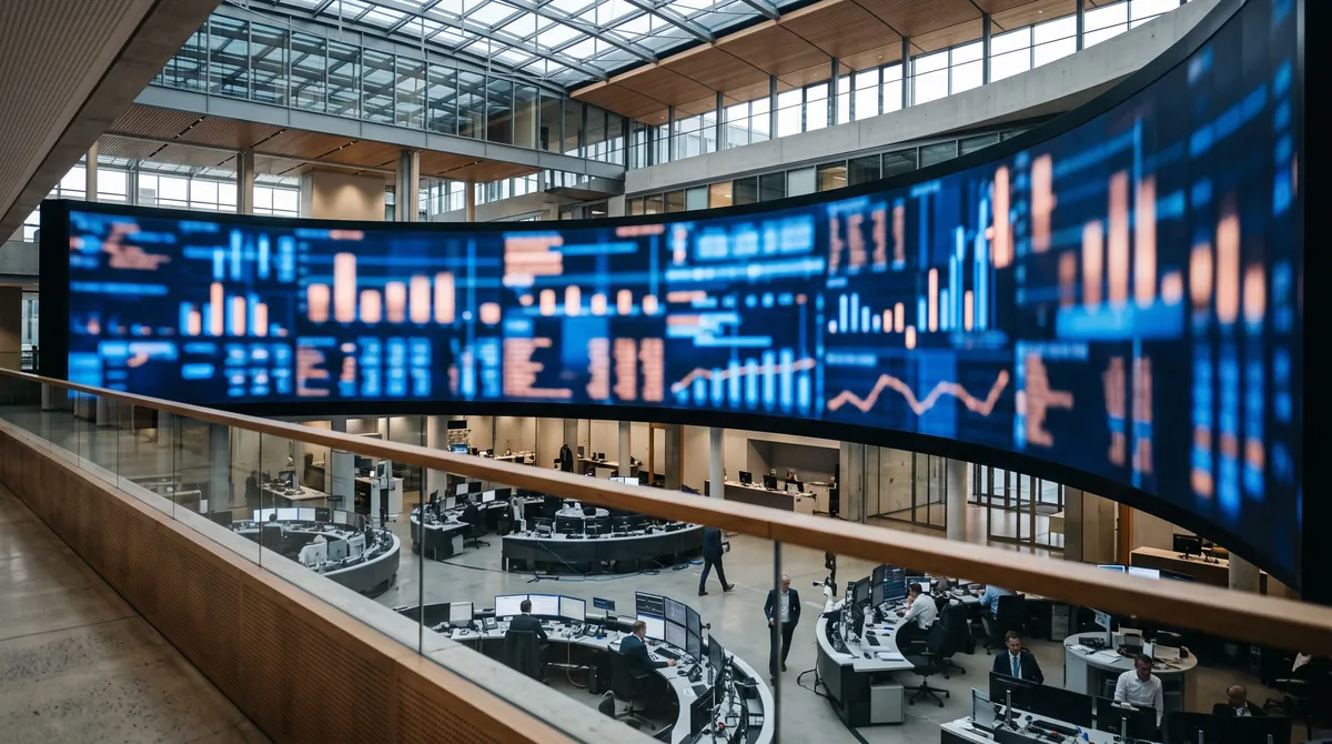 A modern trading floor with a large, blurred display wall in blue and copper