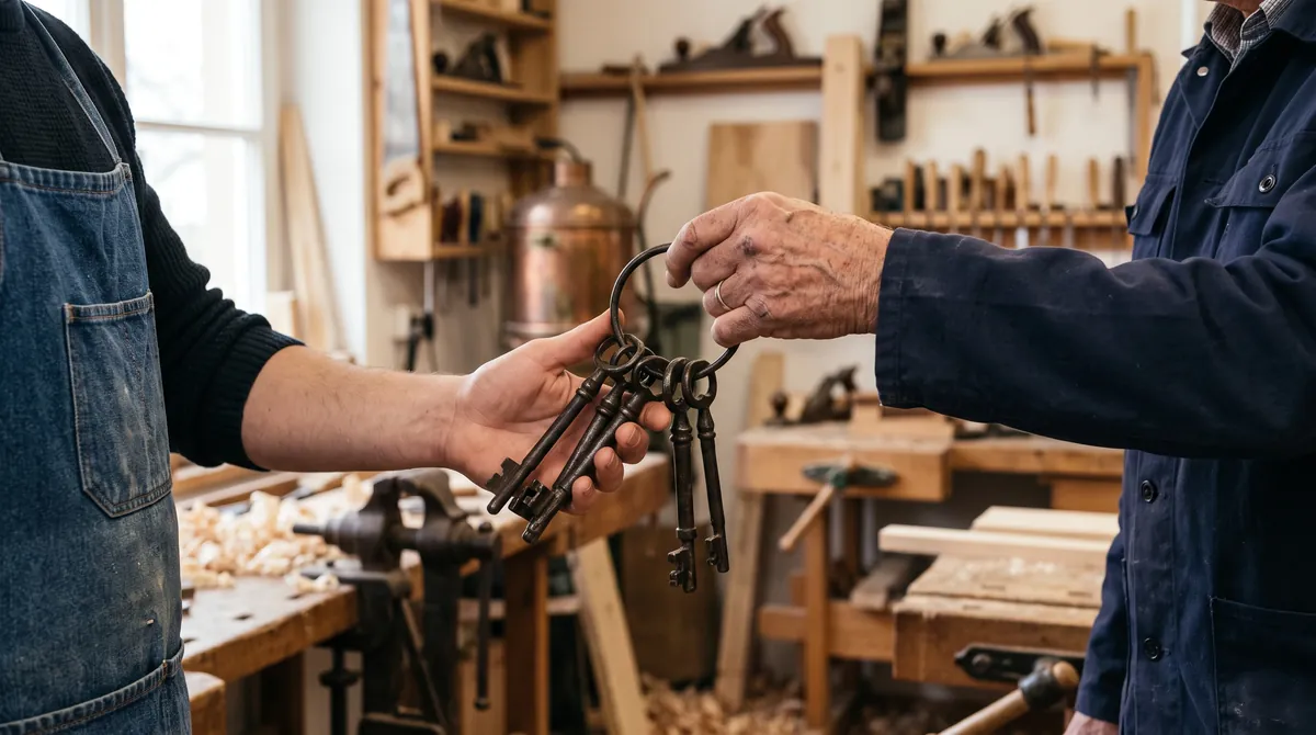 An older and a younger master craftsman handing over a bunch of keys in the workshop