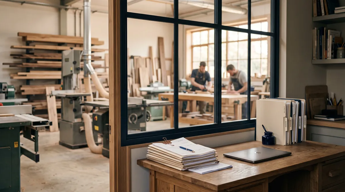 The office of a workshop with order folders, invoices and a view into the hall